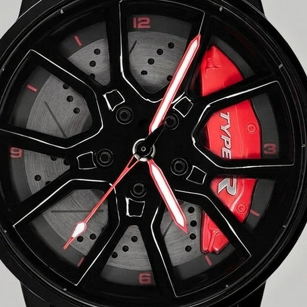 Nahaufnahme der Felge und des gravierten Bremssattels TYPE R, Honda Type R Uhr