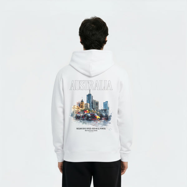 Sweat à capuche F1 Albert Park Circuit d’Australie blanc vu de dos – visuel du circuit de Melbourne, design Tourismo