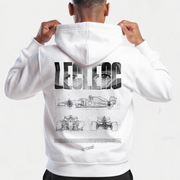 Gros plan sur le design blueprint du sweat blanc Charles Leclerc avec vues techniques de la monoplace Ferrari