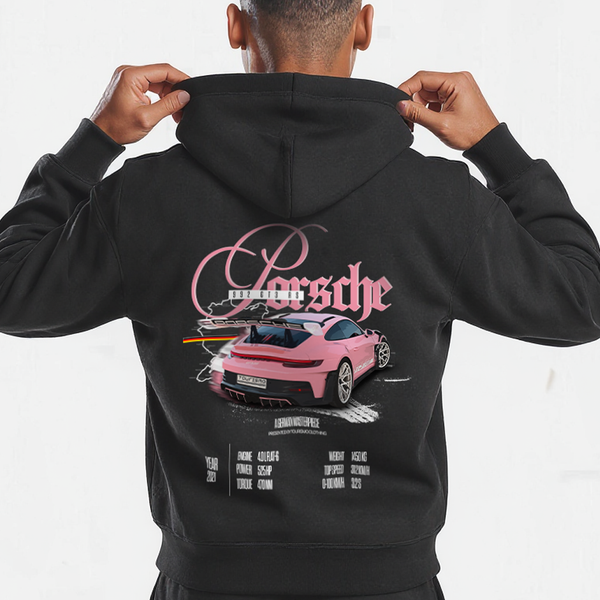 Sweat noir Porsche 992 GT3 RS Performance, gros plan sur le design dos avec specs 525 HP et 312 km/h