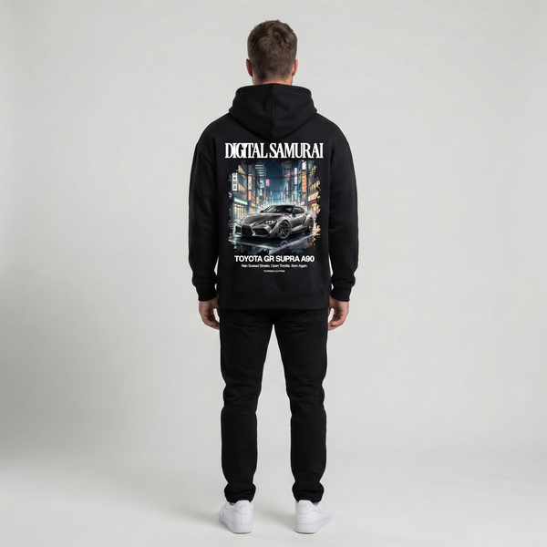 Sweat Toyota GR Supra A90 Digital Samurai noir, zoom dos : hoodie JDM premium, Tourismo Clothing