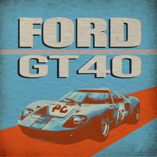 Affiche graphique de la Ford GT40 en livrée Gulf sur fond rétro texturé avec typographie bold
