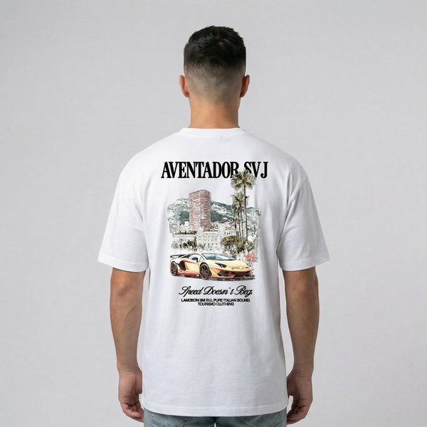 T-shirt Lamborghini Aventador SVJ blanc vue de dos avec grand imprimé Aventador SVJ