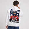 Sweat F1 Alain Prost Légende blanc à capuche avec pilote et monoplace vus de dos