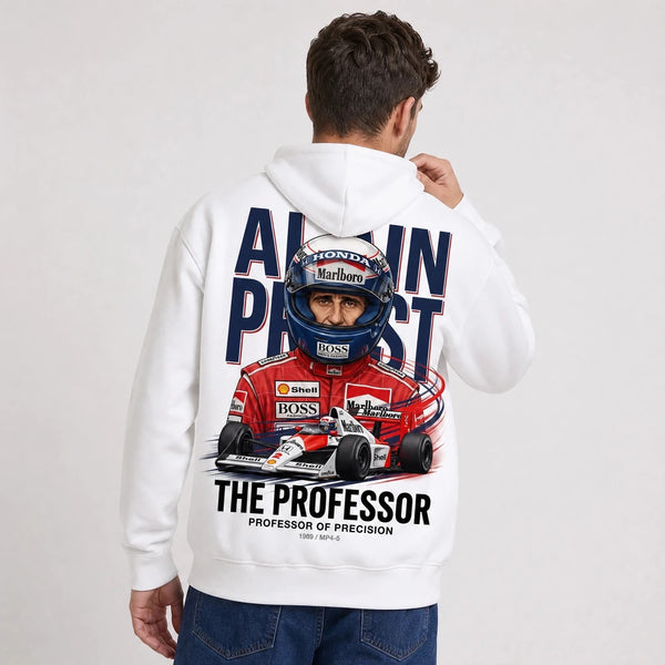 Sweat F1 Alain Prost Légende blanc à capuche avec pilote et monoplace vus de dos