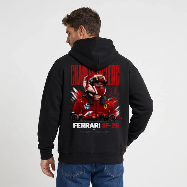 Sweat F1 Charles Leclerc noir à capuche vu de dos avec design Signature Ferrari SF-26