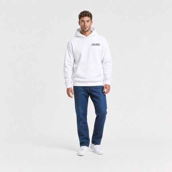 Sweat Peugeot 205 Gti blanc vu de face en plan large avec logo Tourismo