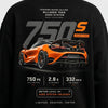 Design McLaren 750S noir sweat, 750S orange lumineux, flocage haute définition, Lighter Sharper Faster, Tourismo Clothing Junior