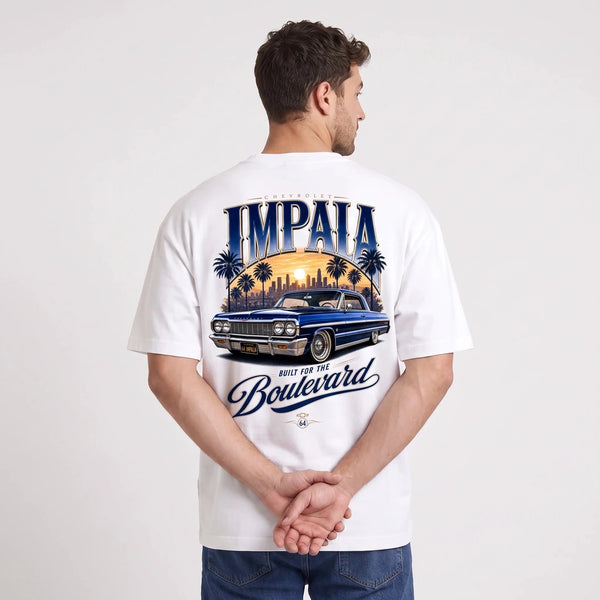 T-shirt Chevrolet Impala 1964 Built for the Boulevard blanc porté de dos