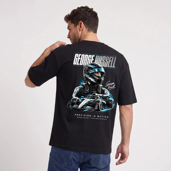 T-shirt F1 George Russell Signature noir, pilote et monoplace vus de dos