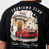 Gros plan print dos t-shirt noir Tourismo Club avec Ferrari F40 et entrée de palace