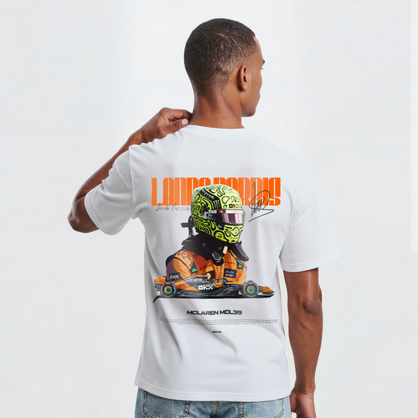 T-shirt blanc Lando Norris Signature Edition avec design imprimé dans le dos, casque vert et McLaren MCL39