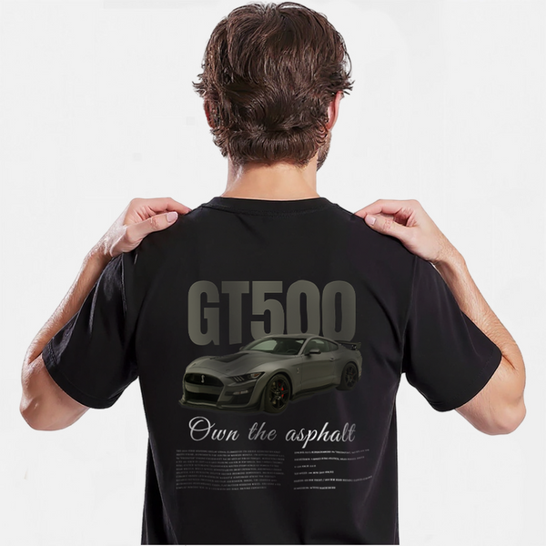 T-shirt noir GT500 avec visuel Mustang vintage, dos du mannequin visible