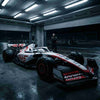 Haas F1 blanche et rouge sous la pluie dans le pit lane nocturne,  mécanicien bras croisés en arrière-plan, sol mouillé réfléchissant la voiture,  ambiance tension et incertitude, article Ocon Haas 2026 verdict Ralf Schumacher