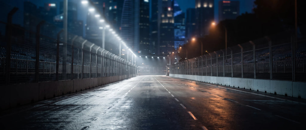Circuit urbain de Marina Bay la nuit, asphalte mouillé sous les projecteurs et gratte-ciels au fond