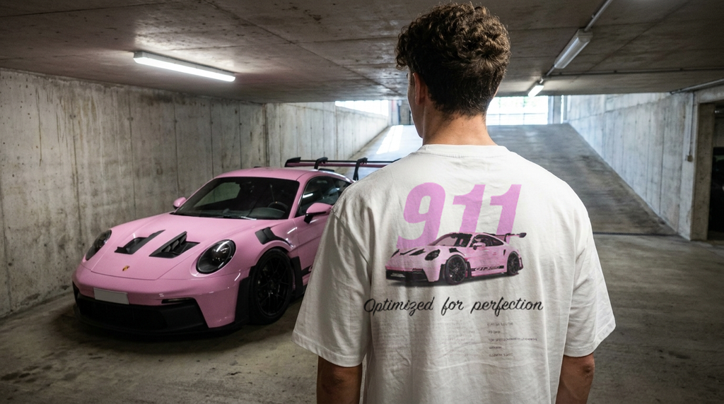 T-shirt Porsche 911 GT3 RS rose porté de dos dans un parking souterrain, face à une GT3 RS 992 rose