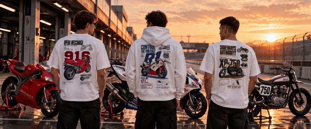 Bannière de l'article : vêtements moto Tourismo, neuf machines de légende
