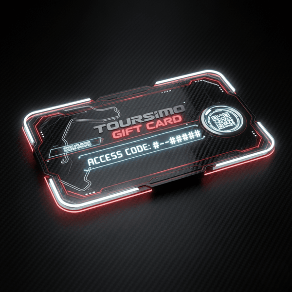 Carte cadeau digitale noire et rouge TOURISMO avec code d’accès et QR code sur fond carbone