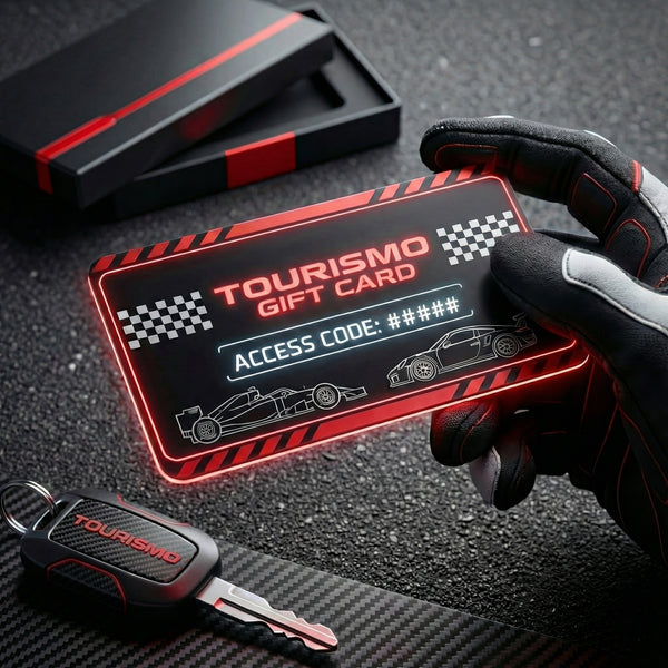 Carte cadeau digitale noire et rouge TOURISMO avec code d’accès et QR code sur fond carbone