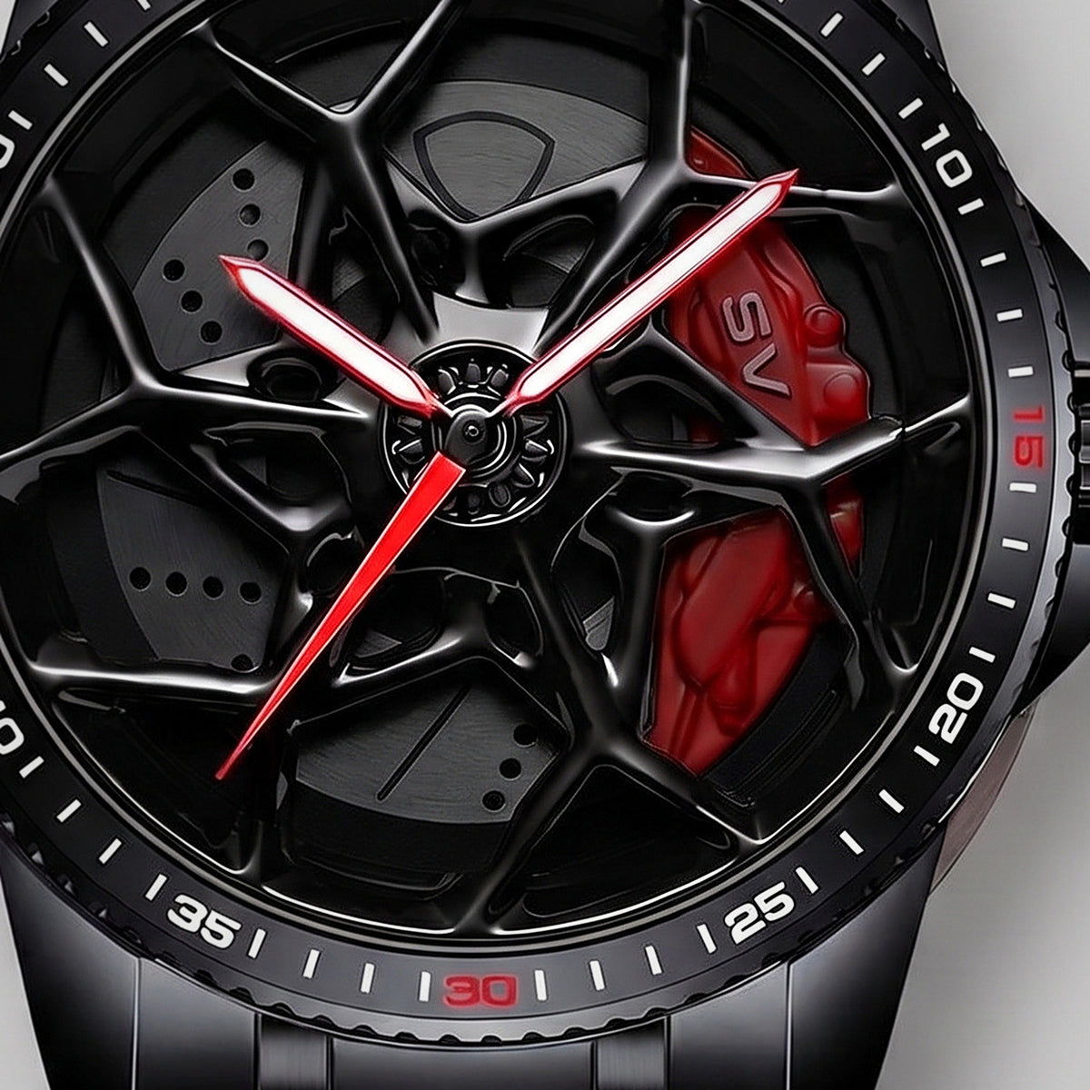 Nahaufnahme der Felge und des gravierten Bremssattels SV, Lamborghini SV Uhr