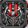 Nahaufnahme des Motorblocks und des Tourbillons, moteur V12 Uhr