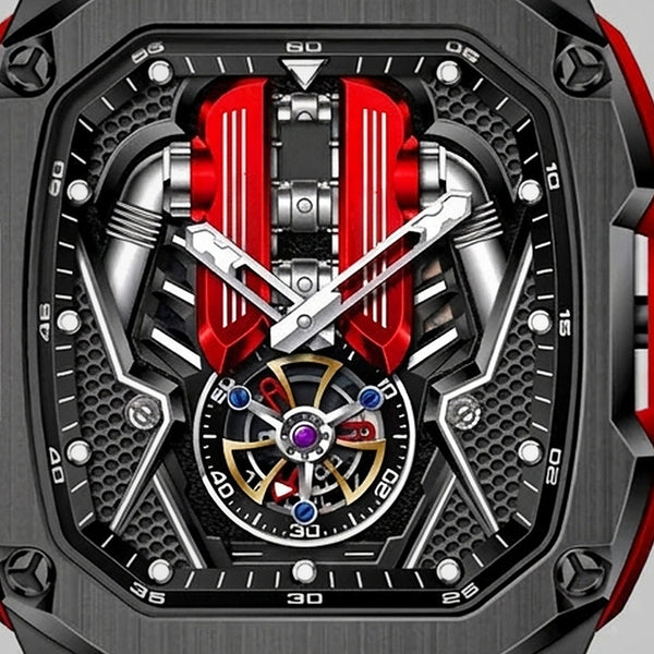 Nahaufnahme des Motorblocks und des Tourbillons, moteur V12 Uhr