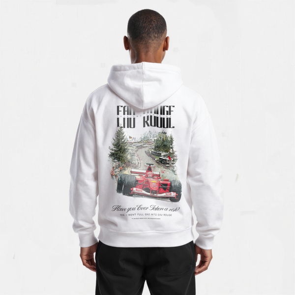 Sweat blanc Spa Grand Prix Édition avec design Eau Rouge et voiture de F1 rouge imprimée dans le dos