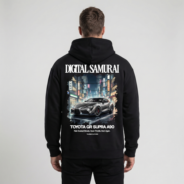 Sweat Toyota GR Supra A90 Digital Samurai noir, vue dos : design cinématographique Tokyo, Tourismo Clothing