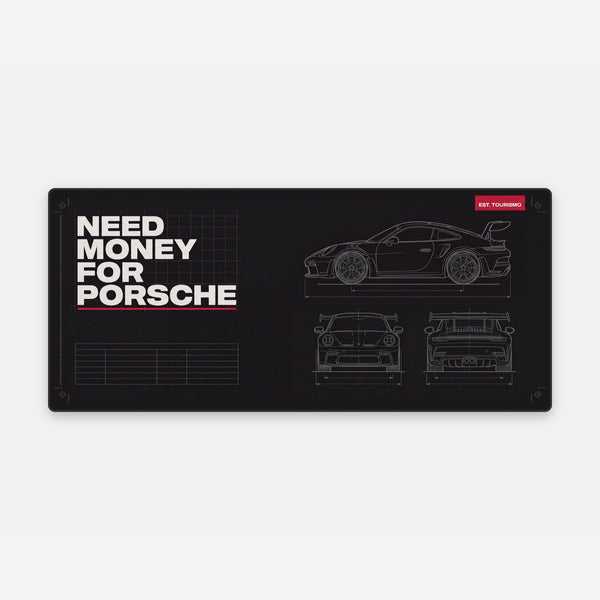 Tapis de souris Need Money For Porsche, plan coté, vue carrée du tapis posé à plat.
