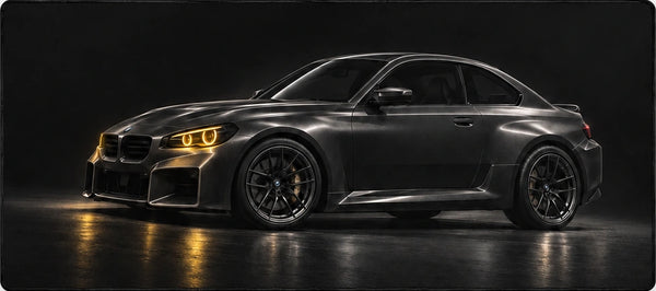 Mauspad BMW M2 schwarz gelbe Scheinwerfer, Detail des Drucks