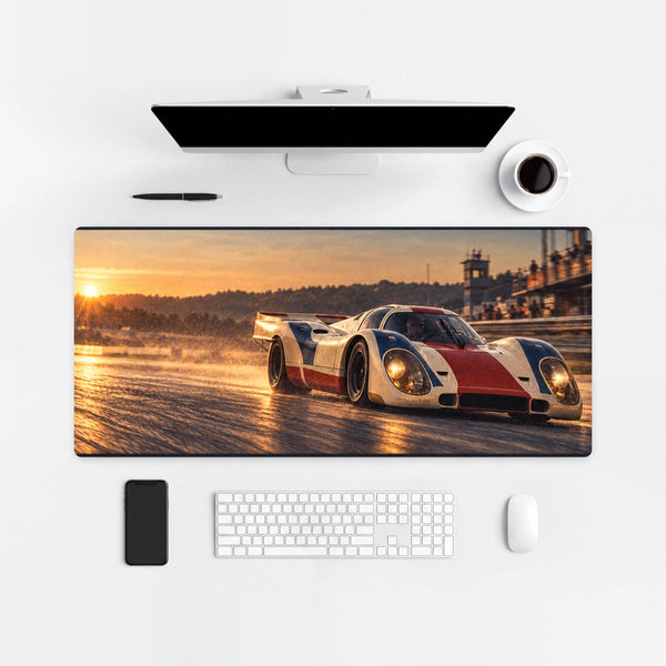 Mauspad Porsche 917K Le Mans 1970, auf einem hellen Schreibtisch mit Computer, Tastatur und Maus