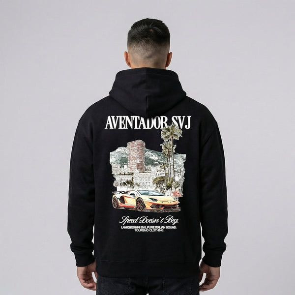 Sweat à capuche Lamborghini Aventador SVJ noir vue de dos avec grand imprimé SVJ