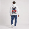 Sweat F1 Alain Prost Légende blanc porté de dos en plan large