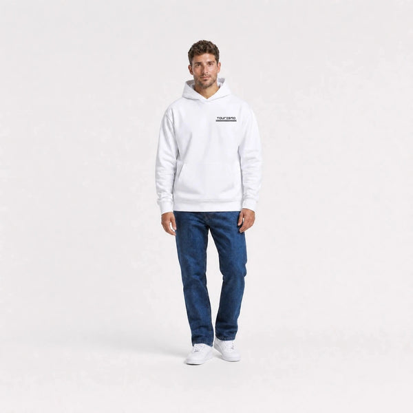 Sweat F1 Alain Prost Légende blanc vu de face en plan large avec logo Tourismo