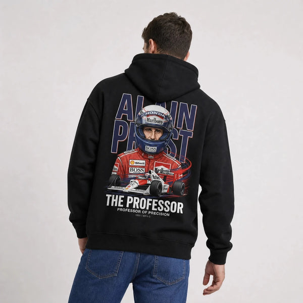 Sweat F1 Alain Prost Légende noir à capuche avec pilote et monoplace vus de dos