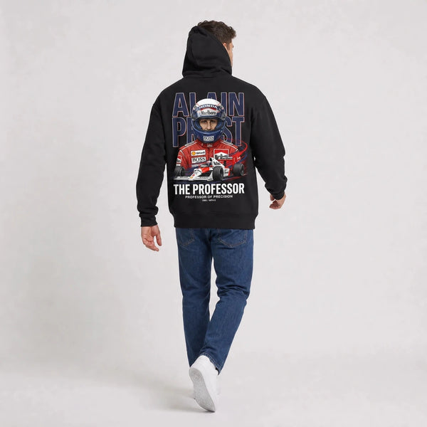 Sweat F1 Alain Prost Légende noir porté de dos en plan large