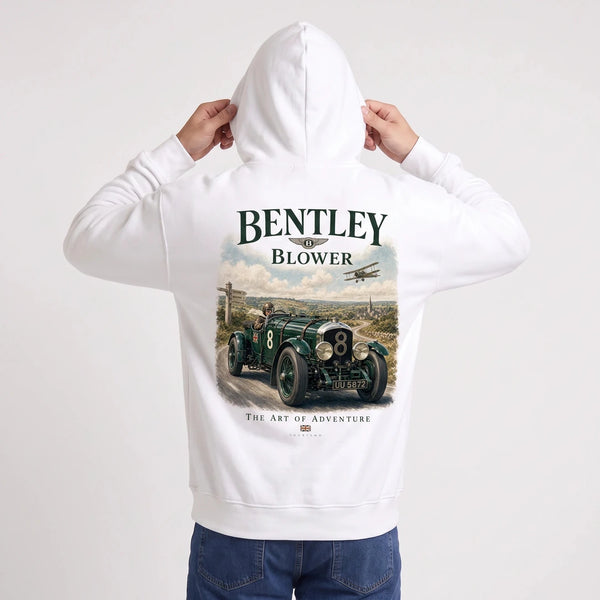 Sweat Bentley Blower The Art of Adventure blanc à capuche, voiture de course vue de dos