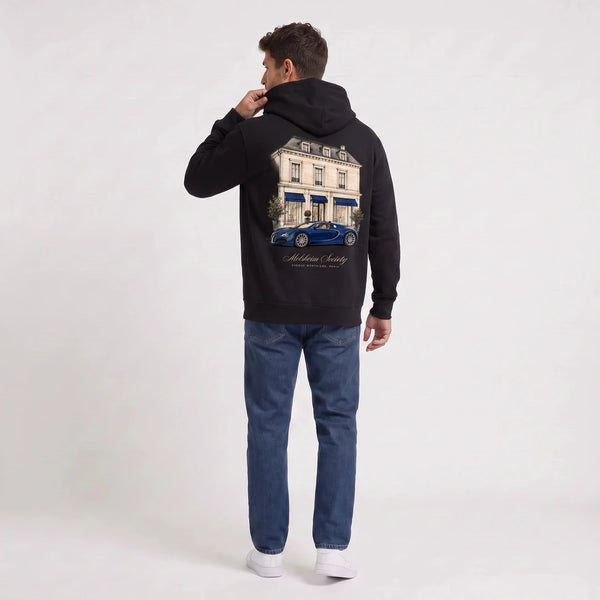 Sweat Bugatti Veyron Molsheim Society noir à capuche vu de dos