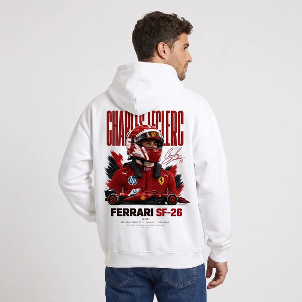 Sweat F1 Charles Leclerc blanc à capuche vu de dos avec design Signature Ferrari SF-26