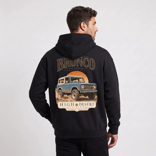 Sweat Ford Bronco First Generation noir à capuche vu de dos avec design High Desert Edition