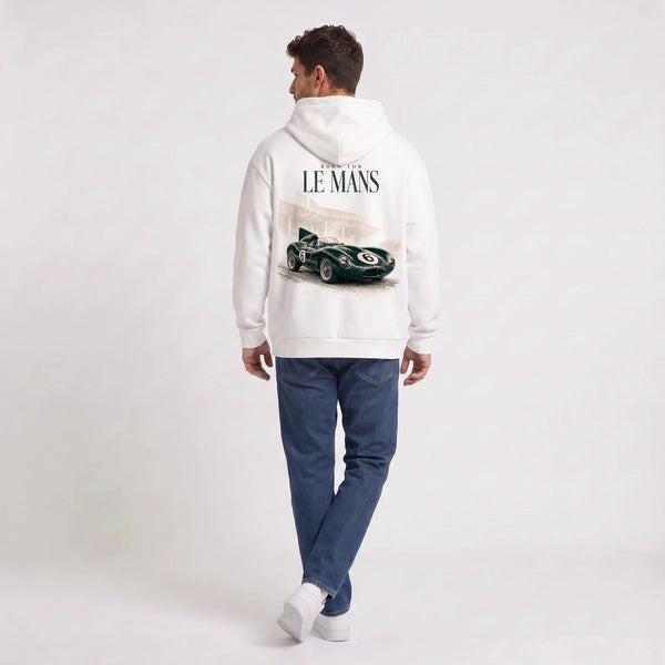 Weißes Kapuzensweatshirt Jaguar D-Type Le Mans N°6: Born for Le Mans, Rückansicht