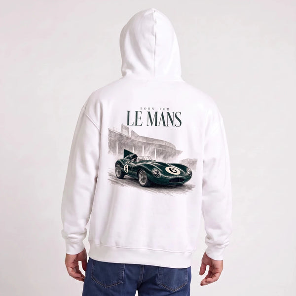 Weißes Jaguar D-Type Le Mans N°6: Born for Le Mans Sweatshirt, getragen, Rückenansicht
