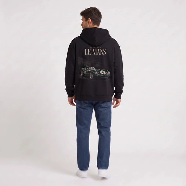 Schwarzer Kapuzenpullover Jaguar D-Type Le Mans N°6 Born for Le Mans, von hinten gesehen