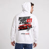 Sweat Peugeot 205 GTI blanc à capuche, sportive française rouge vue de dos