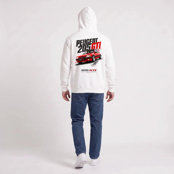 Sweat Peugeot 205 GTI blanc porté de dos en plan large