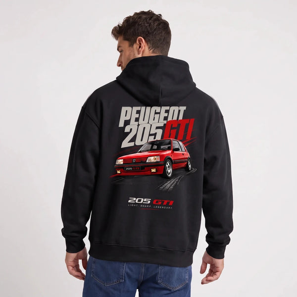 Sweat Peugeot 205 GTI noir à capuche, sportive française rouge vue de dos
