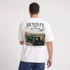 T-shirt Bentley Blower The Art of Adventure blanc, voiture de course britannique vue de dos