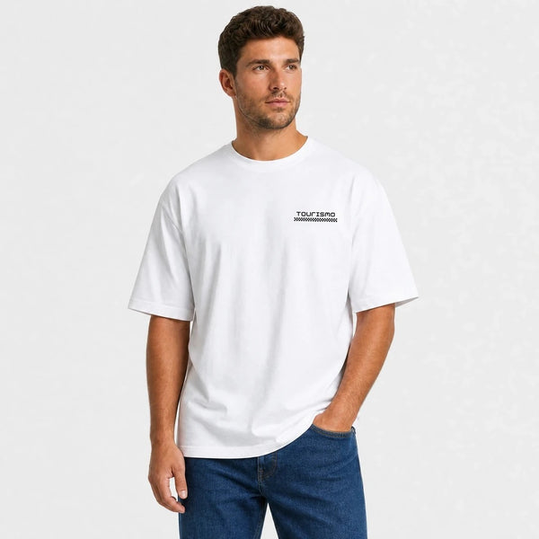 T-shirt Chevrolet Impala 1964 Built For The Boulevard blanc vu de face en plan rapproché avec logo Tourismo