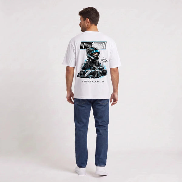 T-shirt F1 George Russell Signature blanc porté de dos en plan large