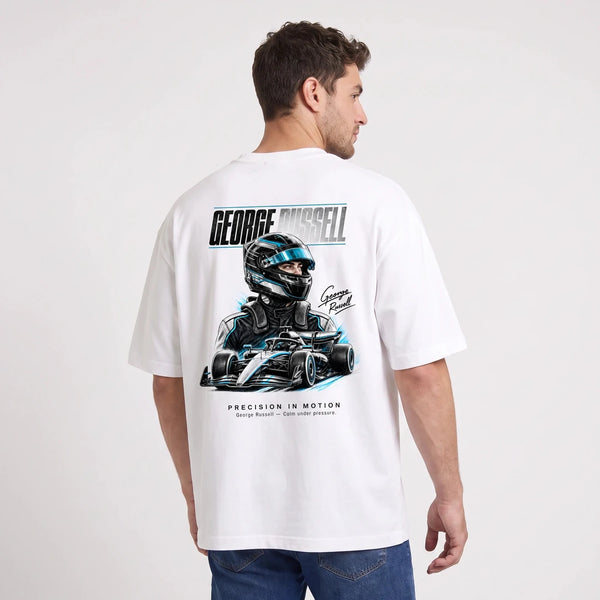 T-shirt F1 George Russell Signature blanc, pilote et monoplace vus de dos